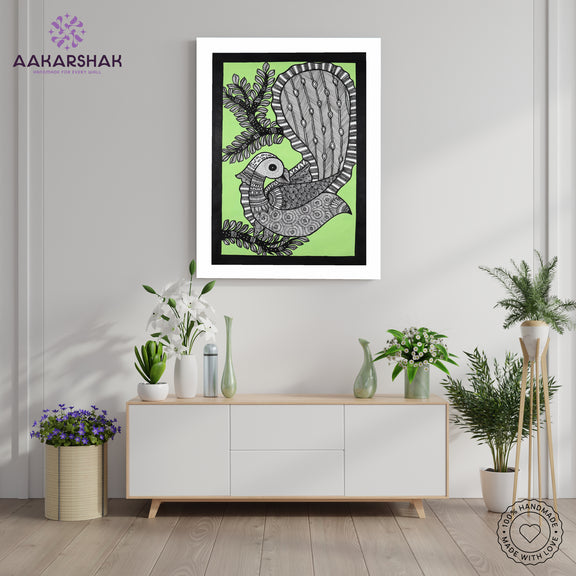 Framed artwork with peacock design -handmade madhubani painting for home decor