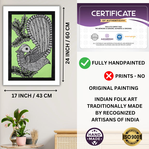 Framed artwork with dimensions, authenticity certificate and handmade iso certified-peacock madhubani painting