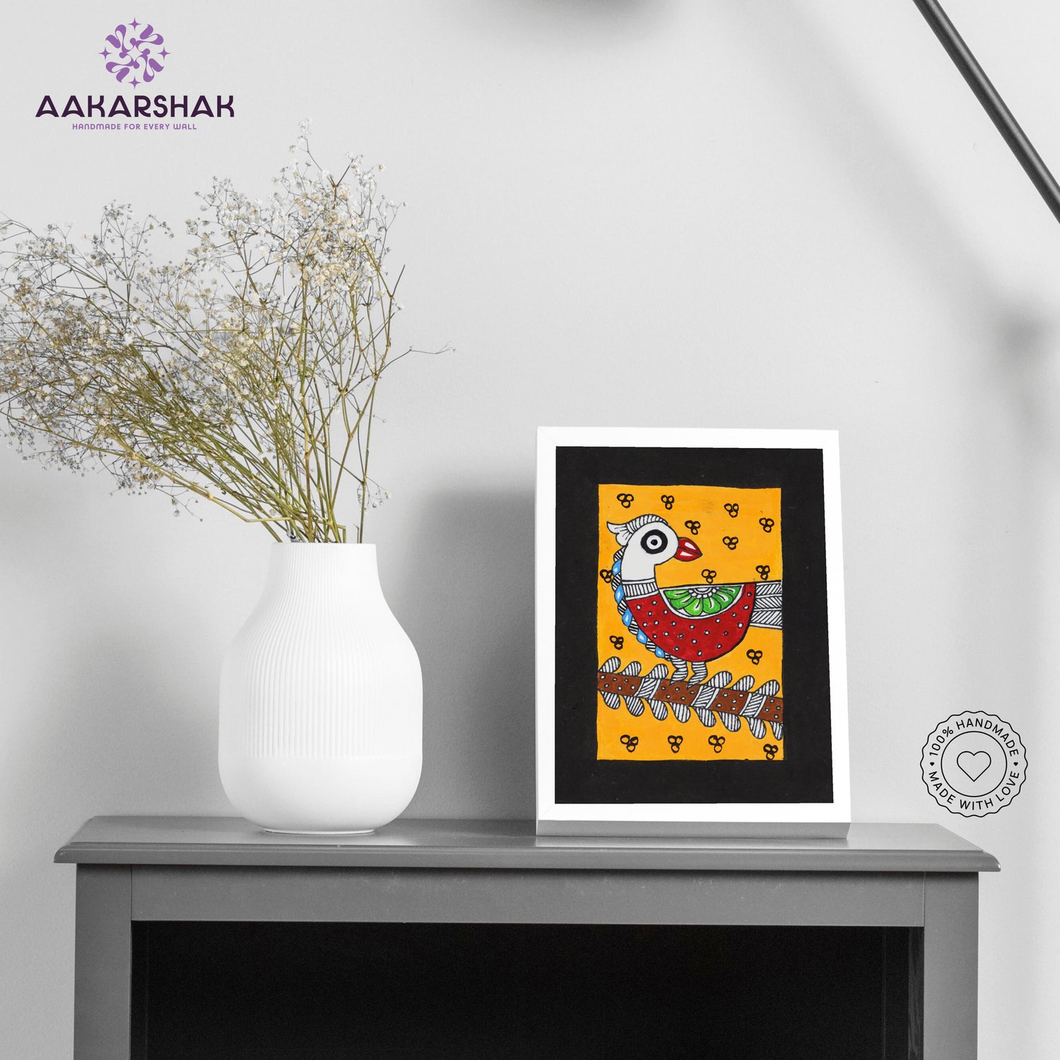 Handmade Madhubani peacock painting-with tabletop stand for home decor
