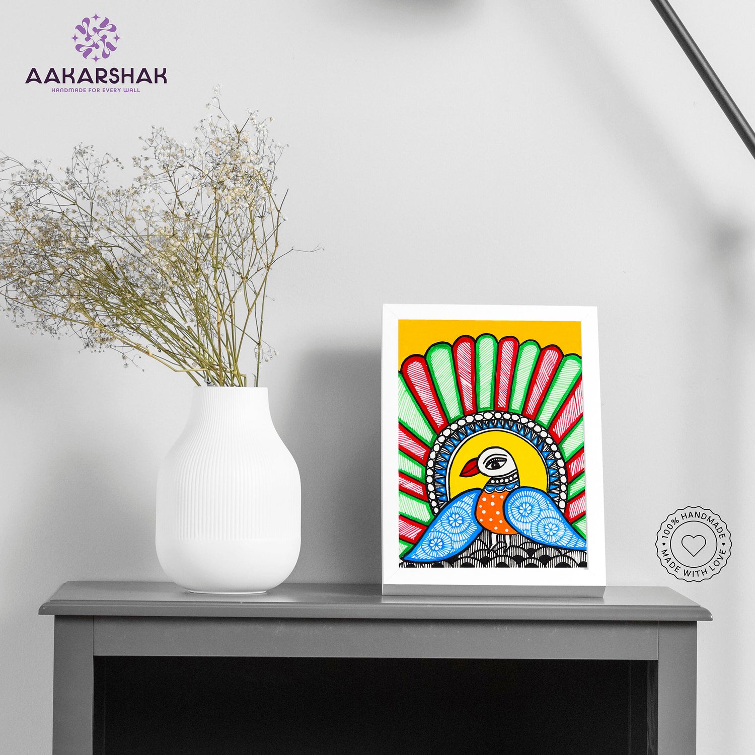 Handmade Madhubani peacock painting-with tabletop stand for home decor

