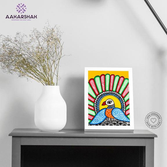 Handmade Madhubani peacock painting-with tabletop stand for home decor
