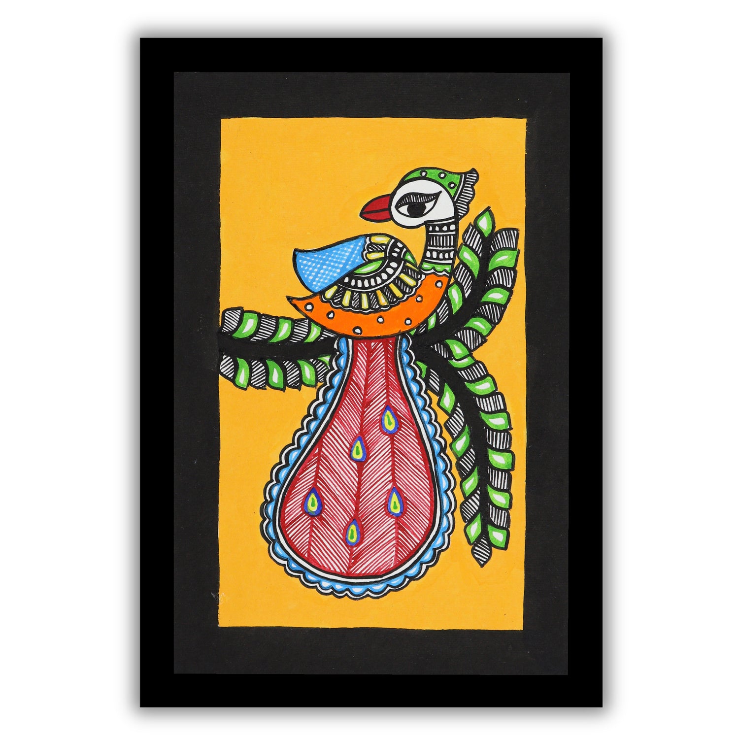 Handmade Madhubani Peacock Painting with white Frame Indian Wall Decor 8X12