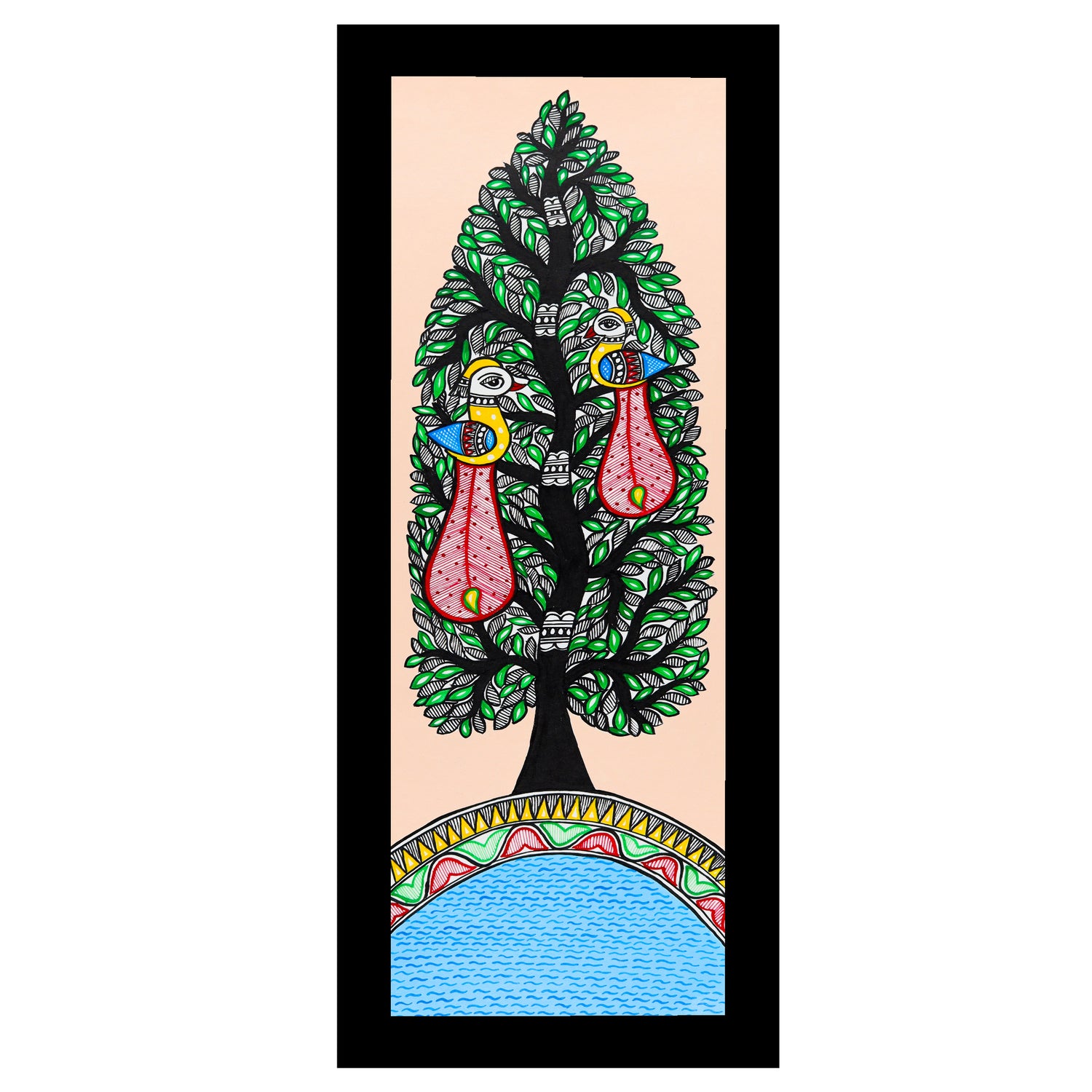Framed artwork of a colorful peacock tree of life-with handmade madhubani painting 