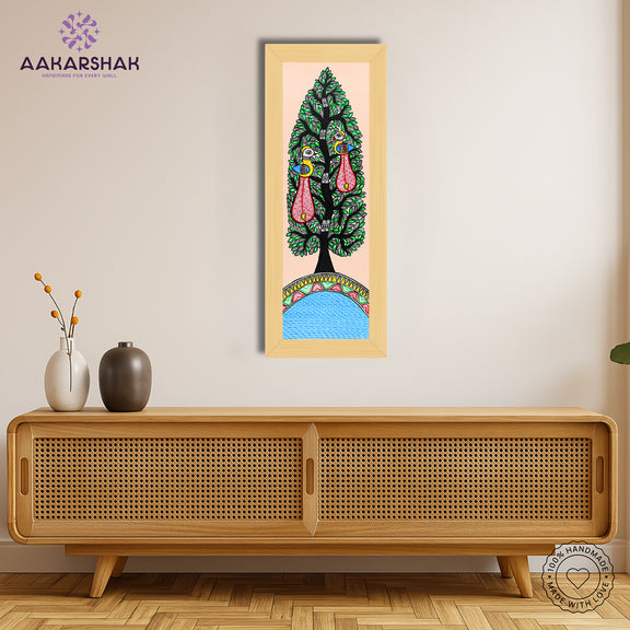 Framed artwork with peacock tree of life design -handmade madhubani painting for home decor