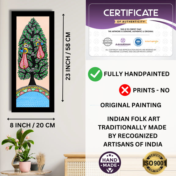 Framed artwork with dimensions, authenticity certificate and handmade iso certified-peacock tree of life madhubani painting