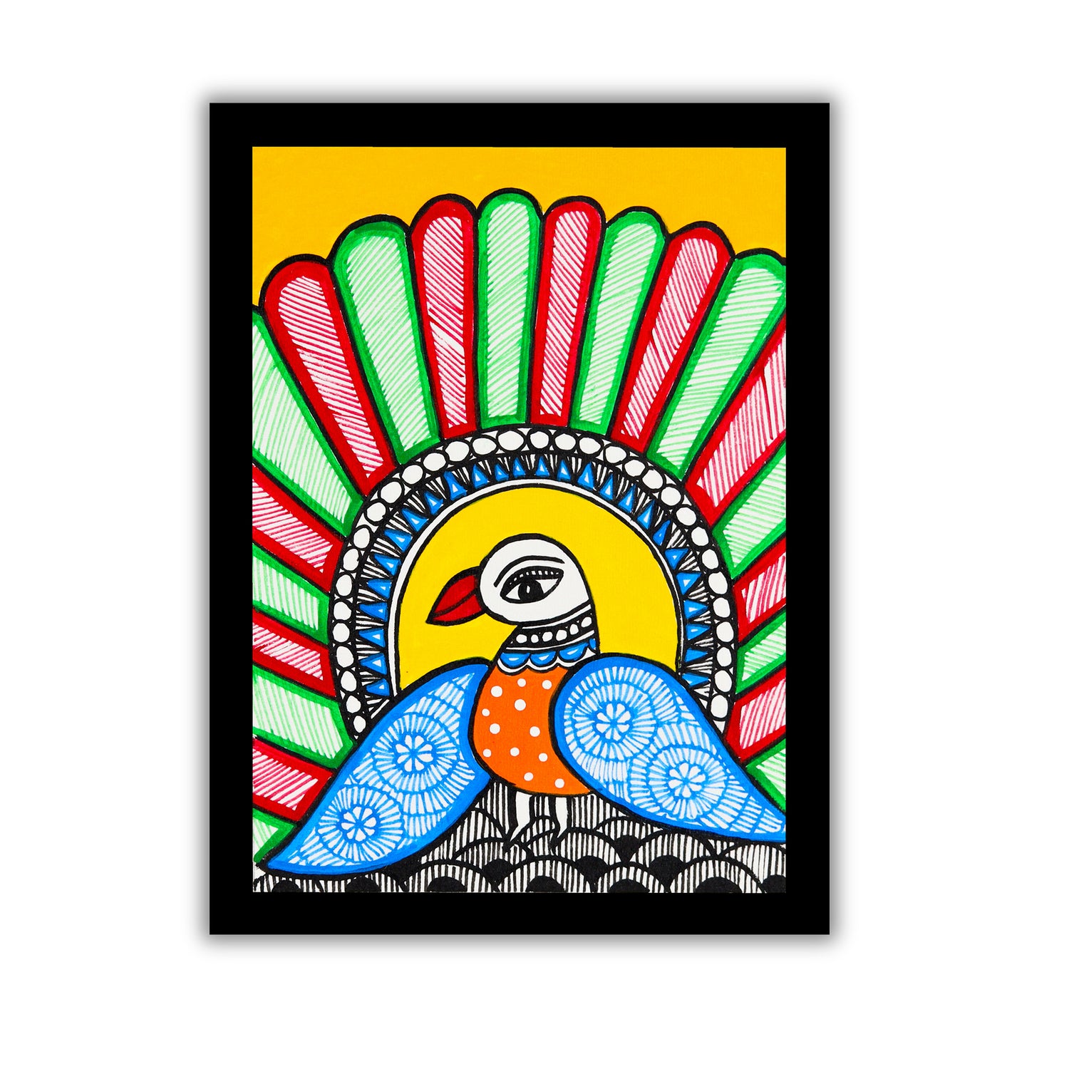 handmade madhubani painting peacock-in vibrant traditional folk art style

