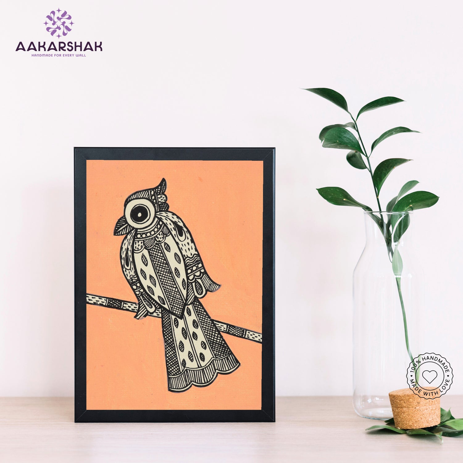 Handmade Madhubani peacock painting-with tabletop stand for home decor
