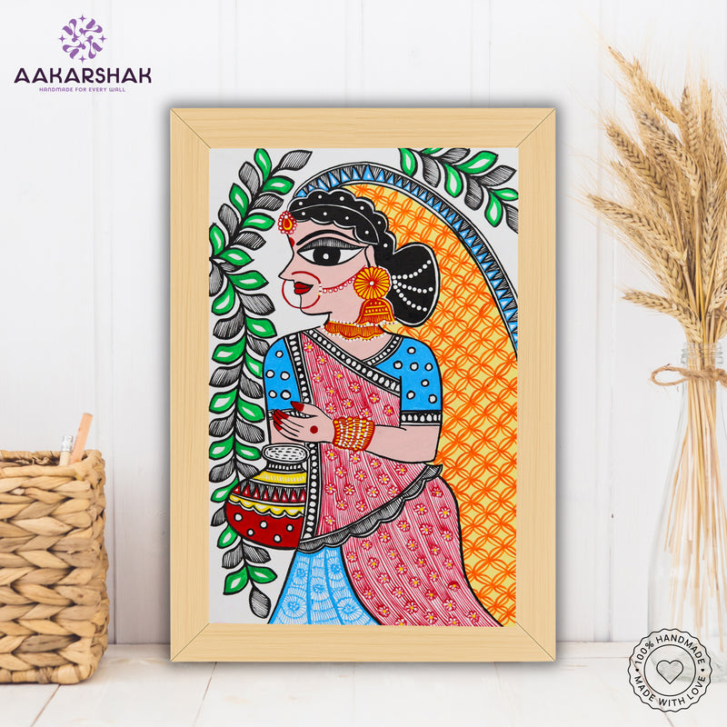handmade madhubani painting radha painting-with tabletop stand for home decor
