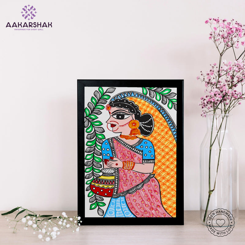 handmade madhubani painting radha painting-with tabletop stand for home decor
