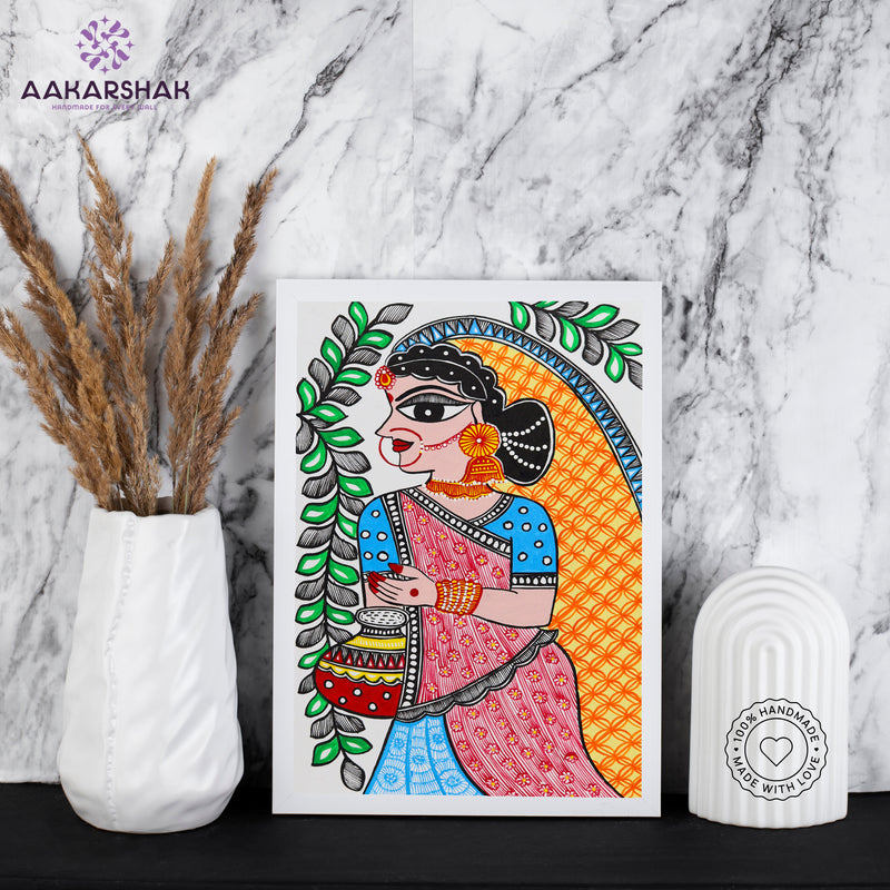 handmade madhubani painting radha painting-with tabletop stand for home decor
