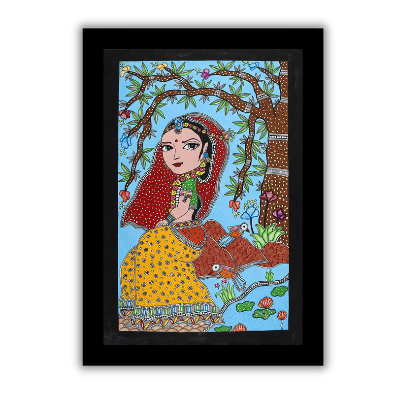 Framed artwork of a colorful radha-with handmade madhubani painting 
