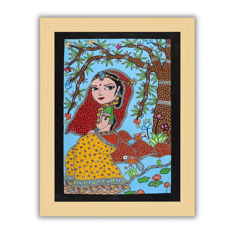 Framed artwork of a colorful radha-with handmade madhubani painting 