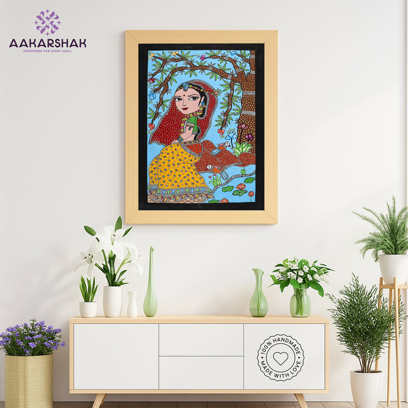 Framed artwork with radha design -handmade madhubani painting for home decor