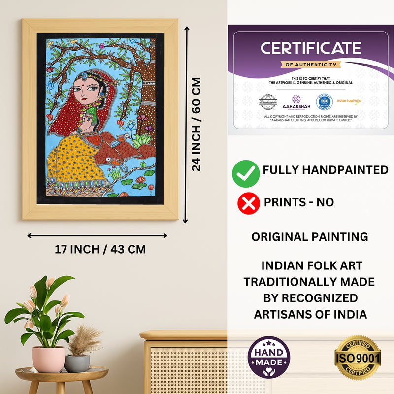 Framed artwork with dimensions, authenticity certificate and handmade iso certified radha madhubani painting