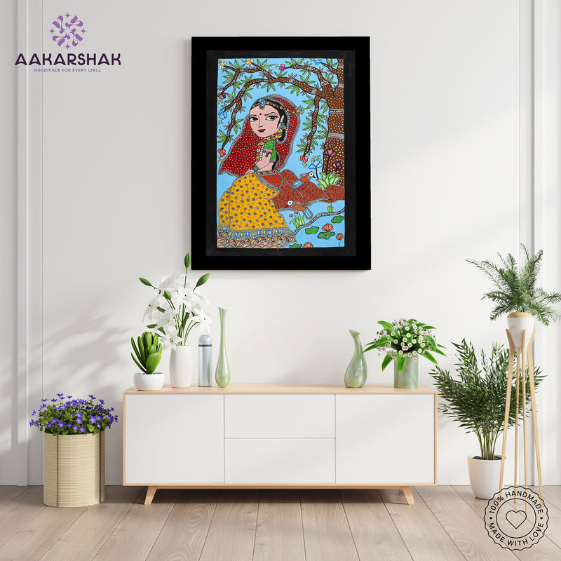 Framed artwork with radha design -handmade madhubani painting for home decor