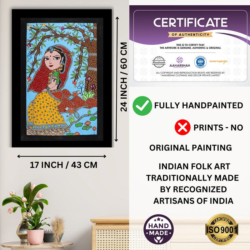 Framed artwork with dimensions, authenticity certificate and handmade iso certified radha madhubani painting