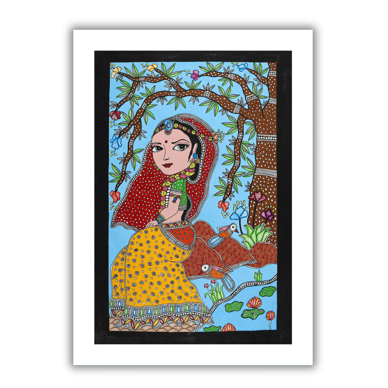 Framed artwork of a colorful radha-with handmade madhubani painting 
