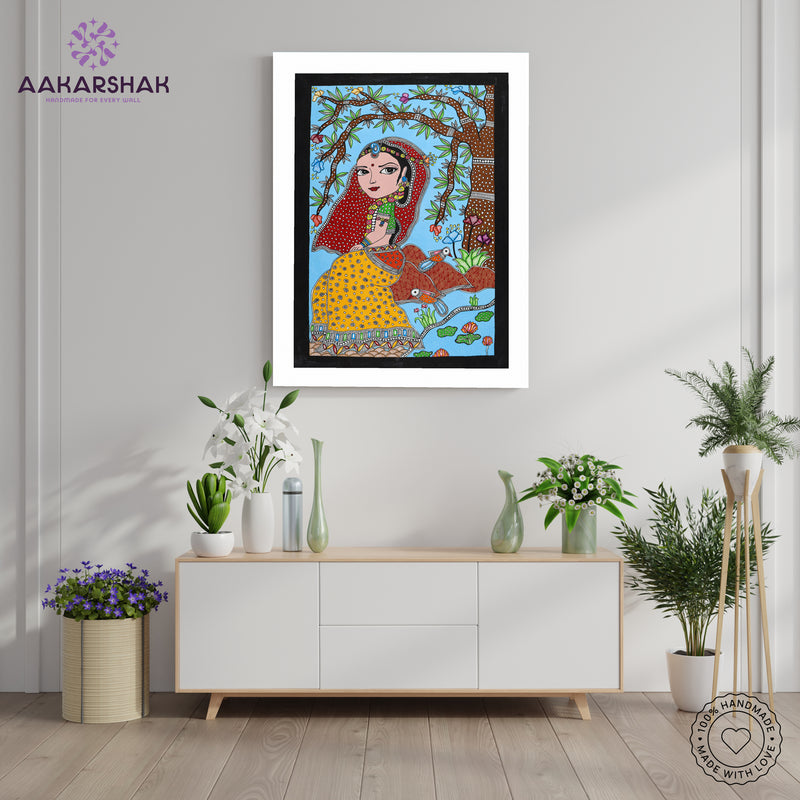 Framed artwork with radha design -handmade madhubani painting for home decor