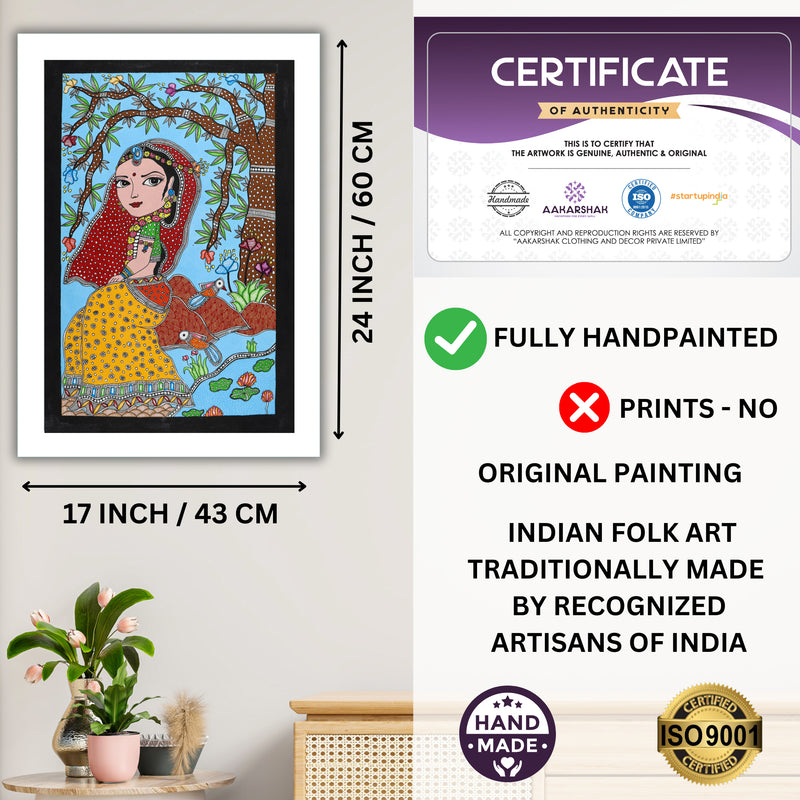 Framed artwork with dimensions, authenticity certificate and handmade iso certified radha madhubani painting