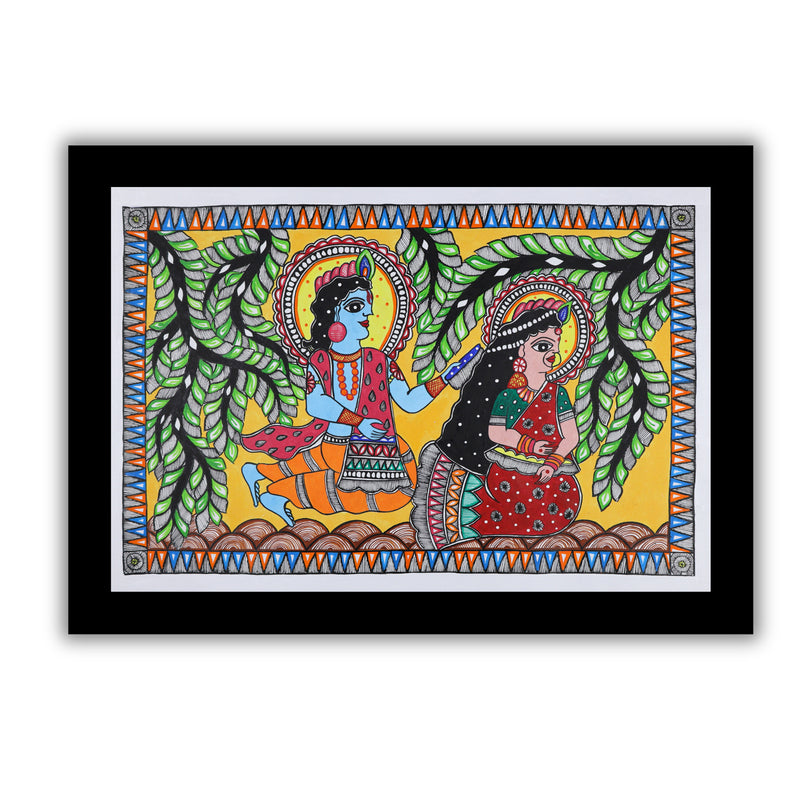 Framed artwork of a colorful radha-krishna-with handmade madhubani painting 