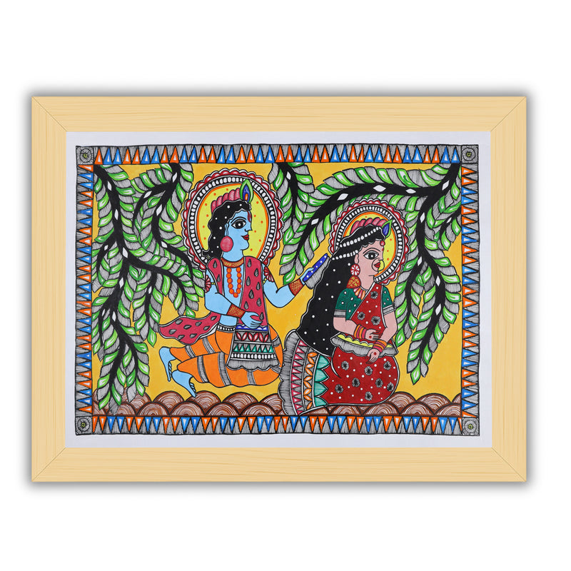 Framed artwork of a colorful radha-krishna-with handmade madhubani painting 