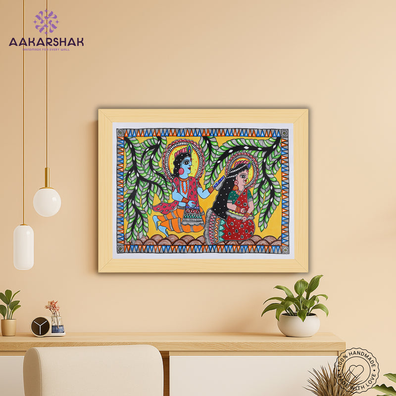 Framed artwork with radha-krishna design -handmade madhubani painting for home decor