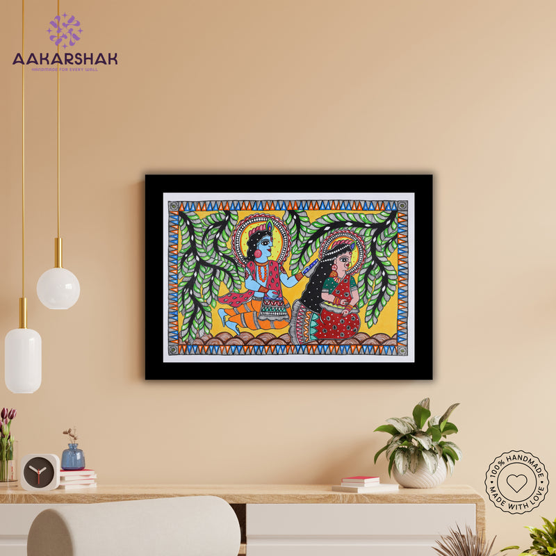 Framed artwork with radha-krishna design -handmade madhubani painting for home decor
