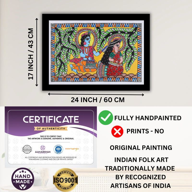 Framed artwork with dimensions, authenticity certificate and handmade iso certified-radha-krishna madhubani painting