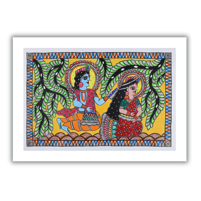 Framed artwork of a colorful radha-krishna-with handmade madhubani painting 
