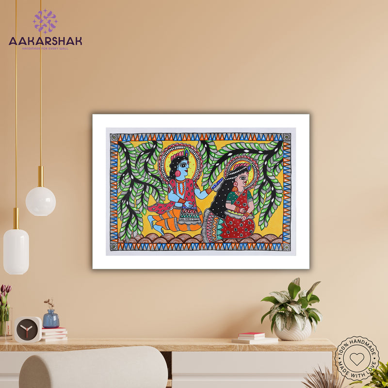 Framed artwork with radha-krishna design -handmade madhubani painting for home decor
