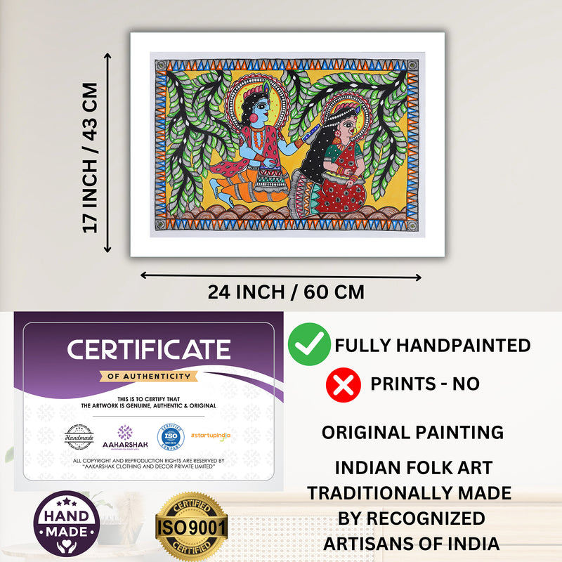 Framed artwork with dimensions, authenticity certificate and handmade iso certified-radha-krishna madhubani painting