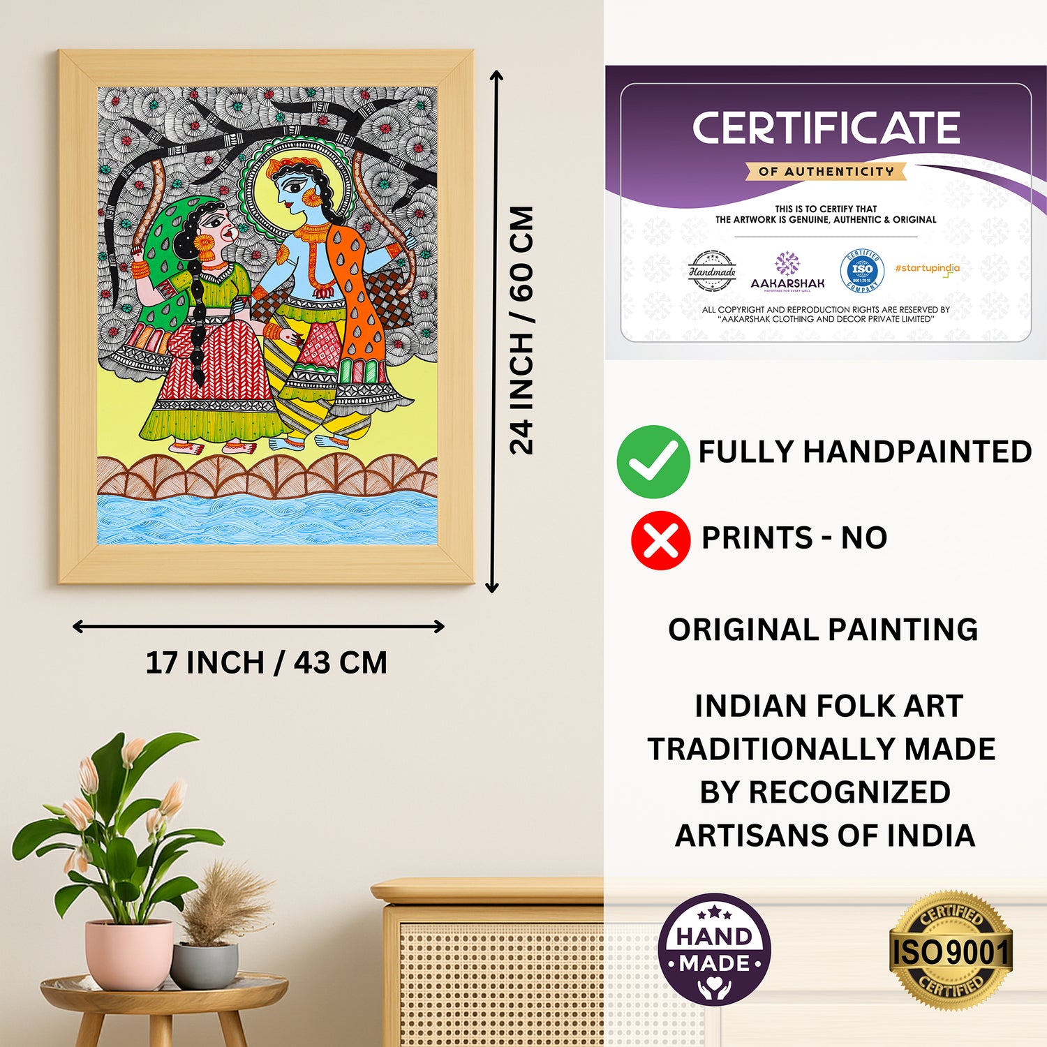 Framed artwork with dimensions, authenticity certificate and handmade iso certified-radha-krishna madhubani painting
