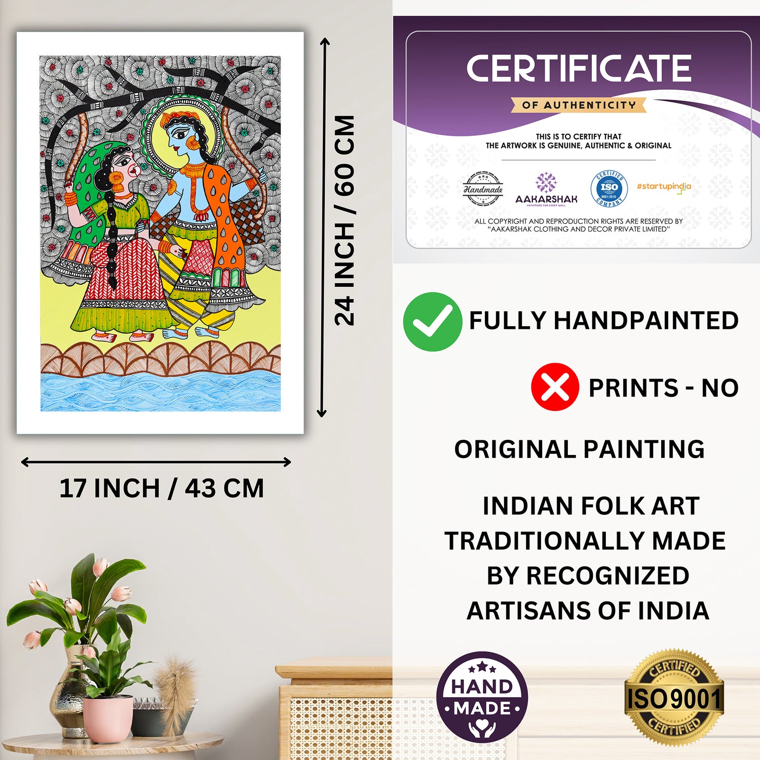 Framed artwork with dimensions, authenticity certificate and handmade iso certified-radha-krishna madhubani painting