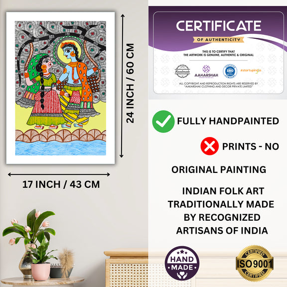 Framed artwork with dimensions, authenticity certificate and handmade iso certified-radha-krishna madhubani painting