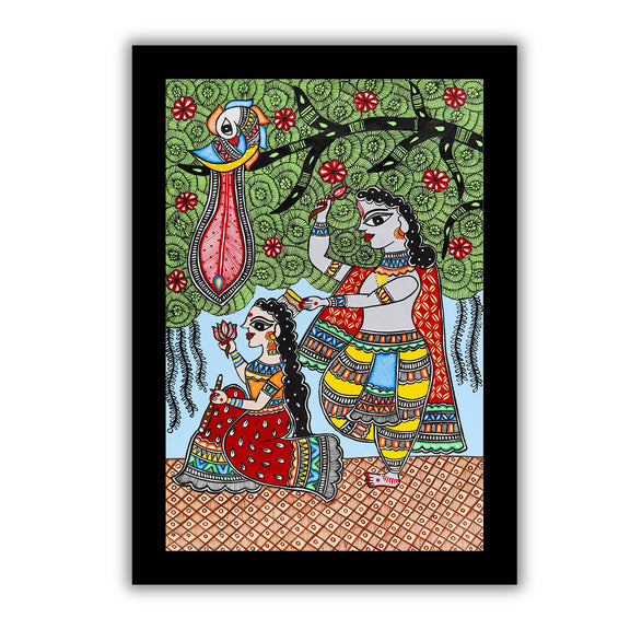 Framed artwork of a colorful radha-krishna-with handmade madhubani painting 