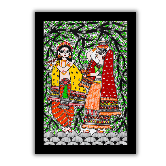 Framed artwork of a colorful radha-krishna-with handmade madhubani painting 