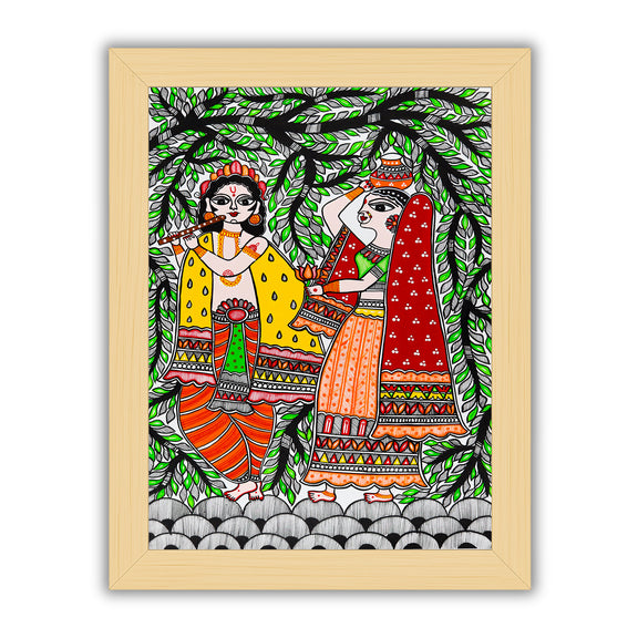 Framed artwork of a colorful radha-krishna-with handmade madhubani painting 