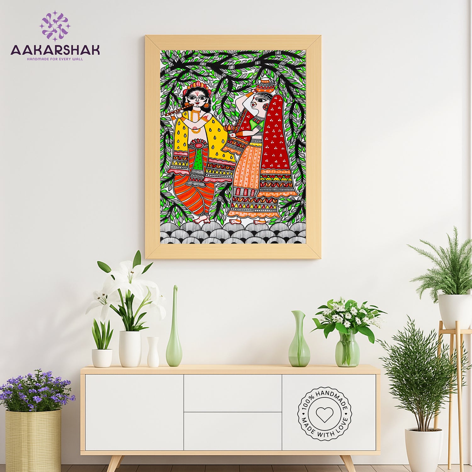 ramed artwork with radha-krishna design -handmade madhubani painting for home decor