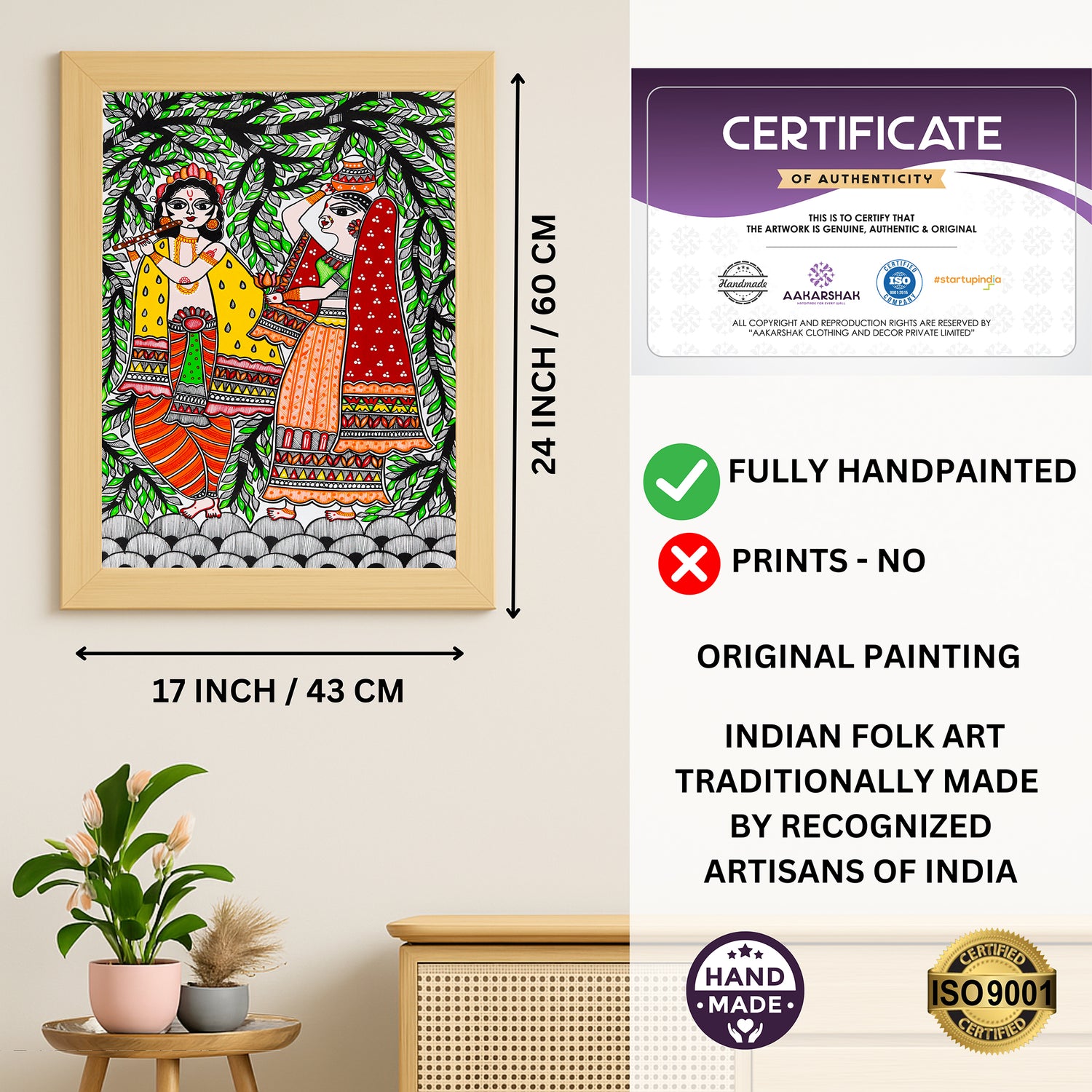 Framed artwork with dimensions, authenticity certificate and handmade iso certified-radha-krishna madhubani painting