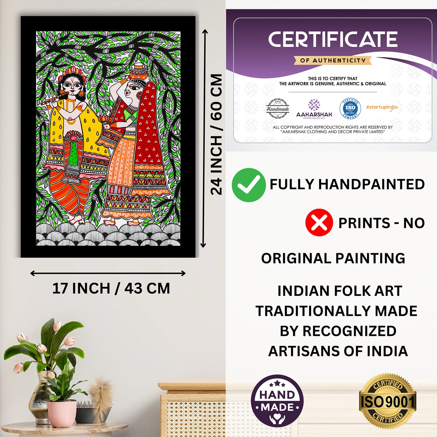 Framed artwork with dimensions, authenticity certificate and handmade iso certified-radha-krishna madhubani painting