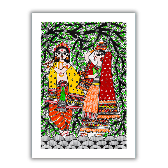 Framed artwork of a colorful radha-krishna-with handmade madhubani painting 