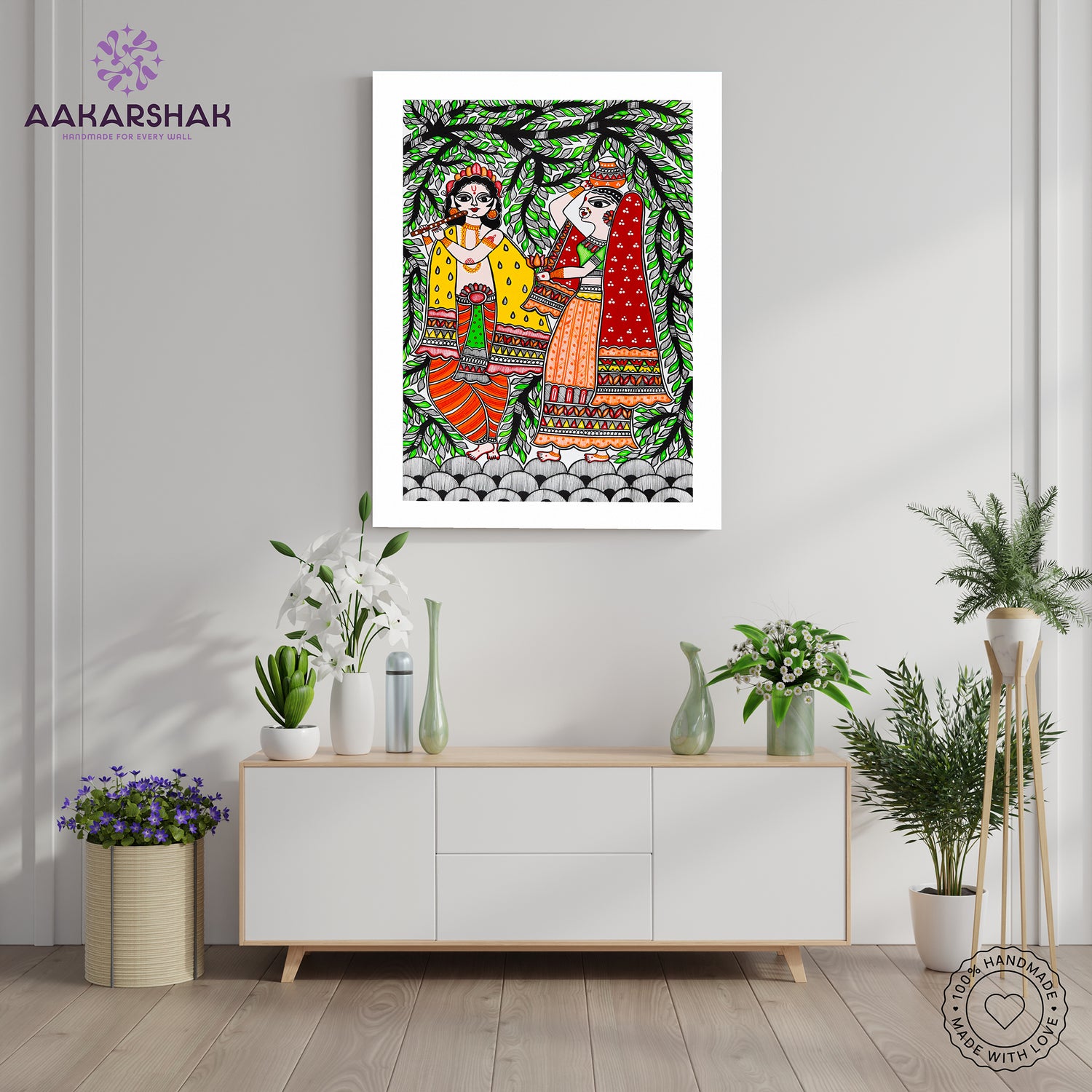 ramed artwork with radha-krishna design -handmade madhubani painting for home decor