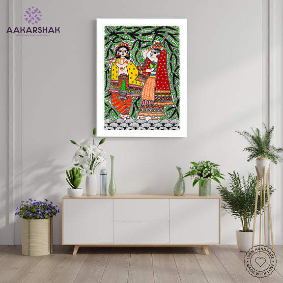 ramed artwork with radha-krishna design -handmade madhubani painting for home decor