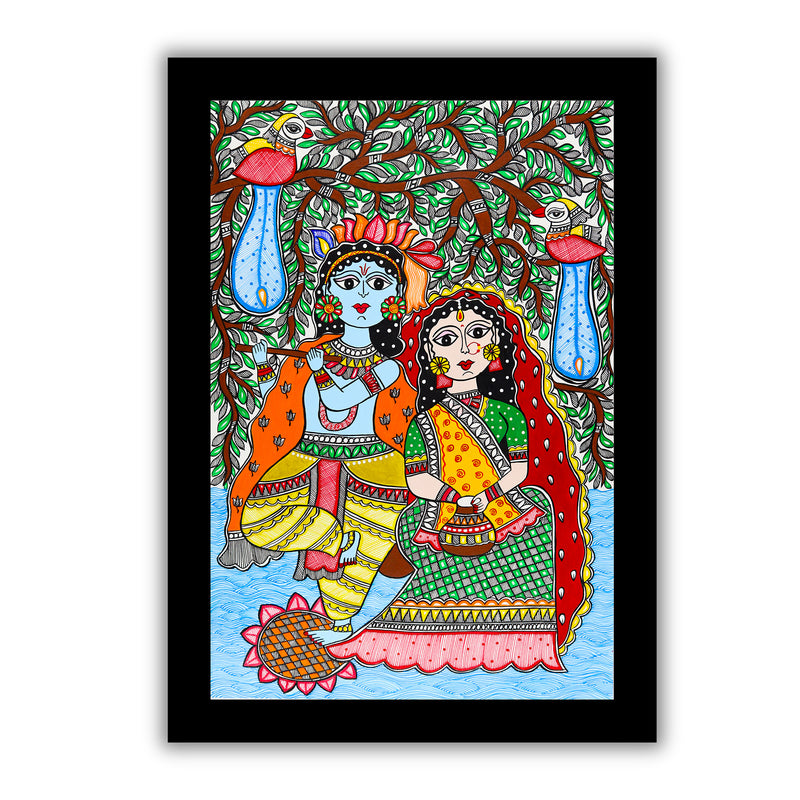 Framed artwork of a colorful radha-krishna-with handmade madhubani painting 