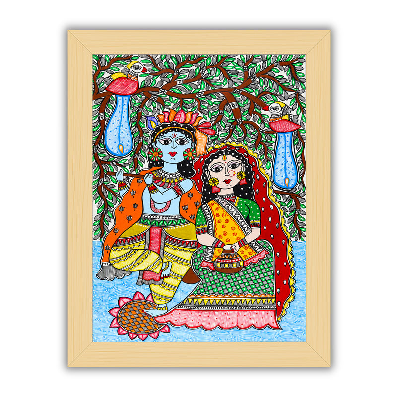 Framed artwork of a colorful radha-krishna-with handmade madhubani painting 