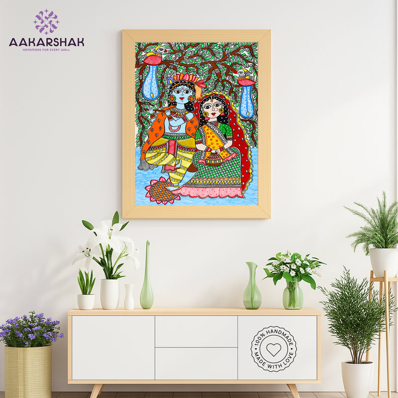 ramed artwork with radha-krishna design -handmade madhubani painting for home decor