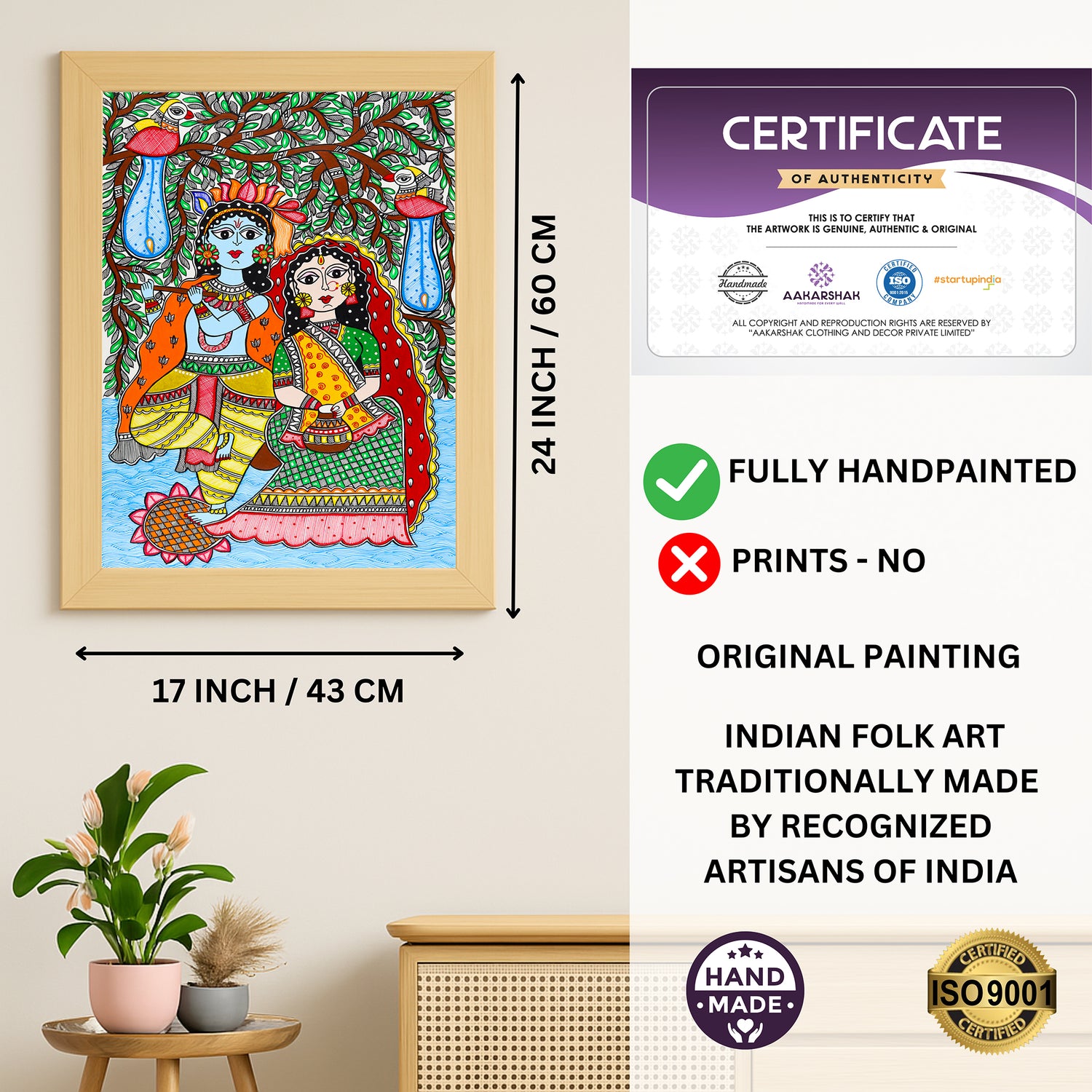 Framed artwork with dimensions, authenticity certificate and handmade iso certified-radha-krishna madhubani painting