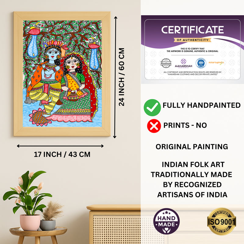Framed artwork with dimensions, authenticity certificate and handmade iso certified-radha-krishna madhubani painting