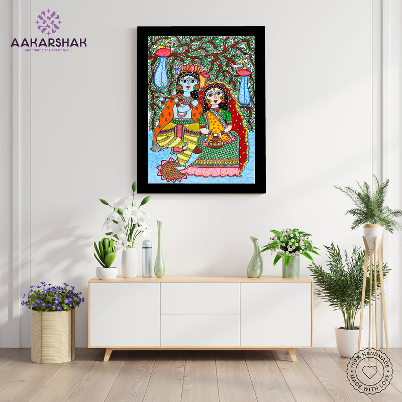 Framed artwork with radha-krishna design -handmade madhubani painting for home decor