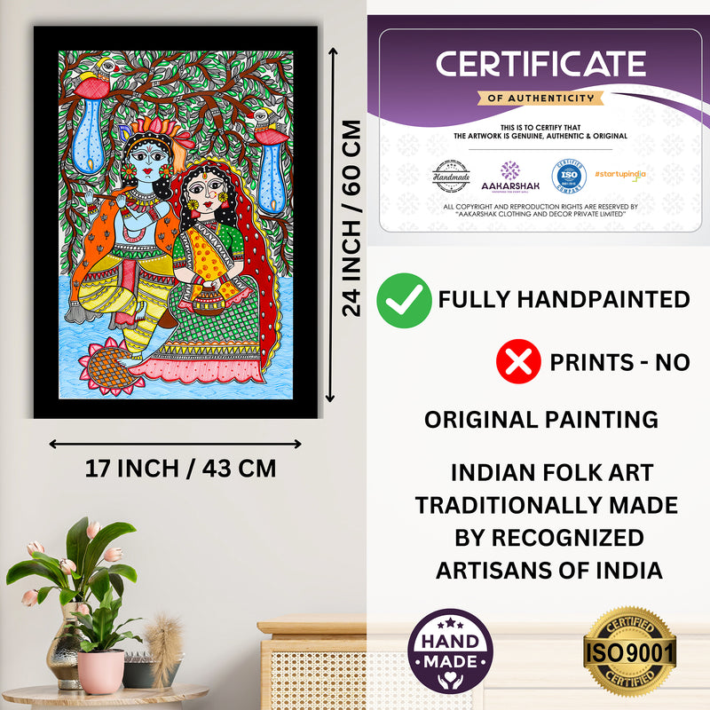 Framed artwork with dimensions, authenticity certificate and handmade iso certified-radha-krishna madhubani painting